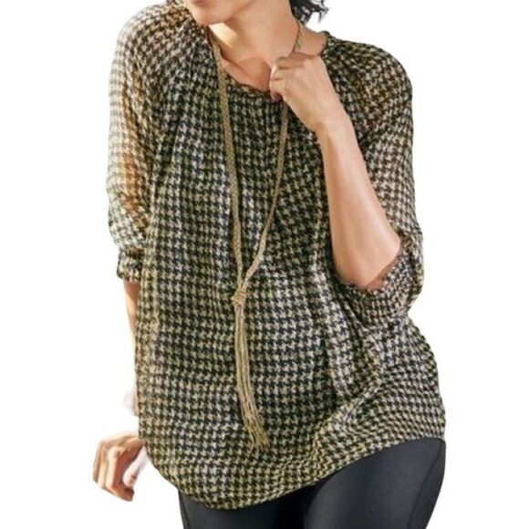 Soft Surroundings Ines Black Tan Metallic Blouse Top Women’s Large Houndstooth - Picture 9 of 9